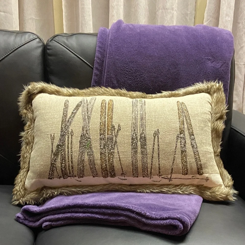 Skis and poles winter snowy scene decorative pillow faux fur trim